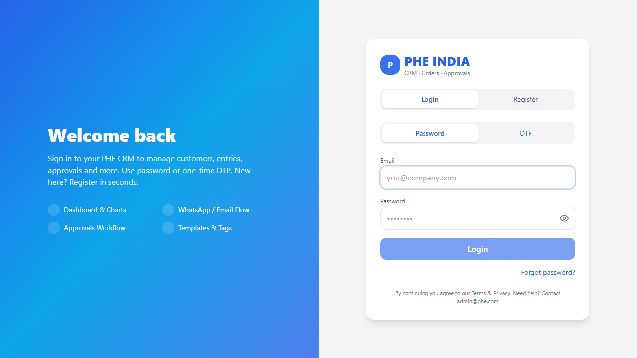 PHE India CRM full stack application preview